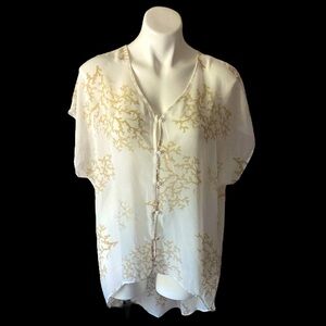 Cato Women’s White Sheer Coral Print High Low Short Sleeve Blouse Size Medium